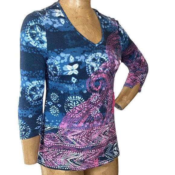 Chico's V-Neck 3/4 Sleeve Top Beaded Embroidered Sz 1 (M/8) #57B - Picture 3 of 9